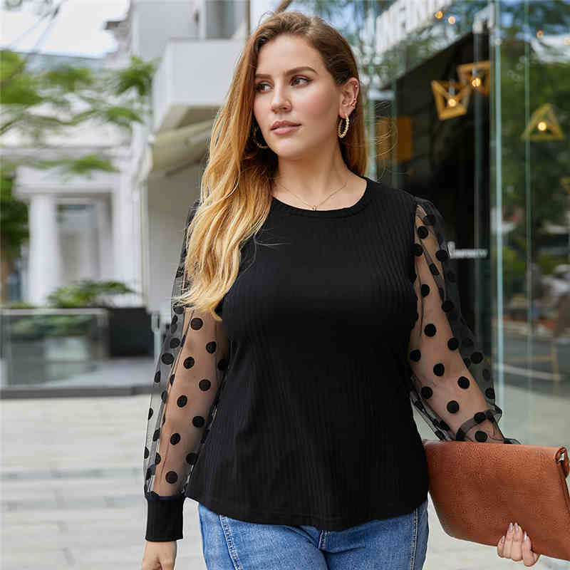 Plus Size Women T-shirts Casual Polka Dot Mesh Patchwork See Through Long Sleeve Tees Autumn Elegant Female Loose Pullover Tops 210522