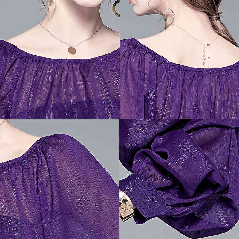 Fashion Chiffon Blouse Women Lantern Sleeve Top Female Autumn Vintage Purple Loose Sexy Perspective Shirt Blusa 11842 210427