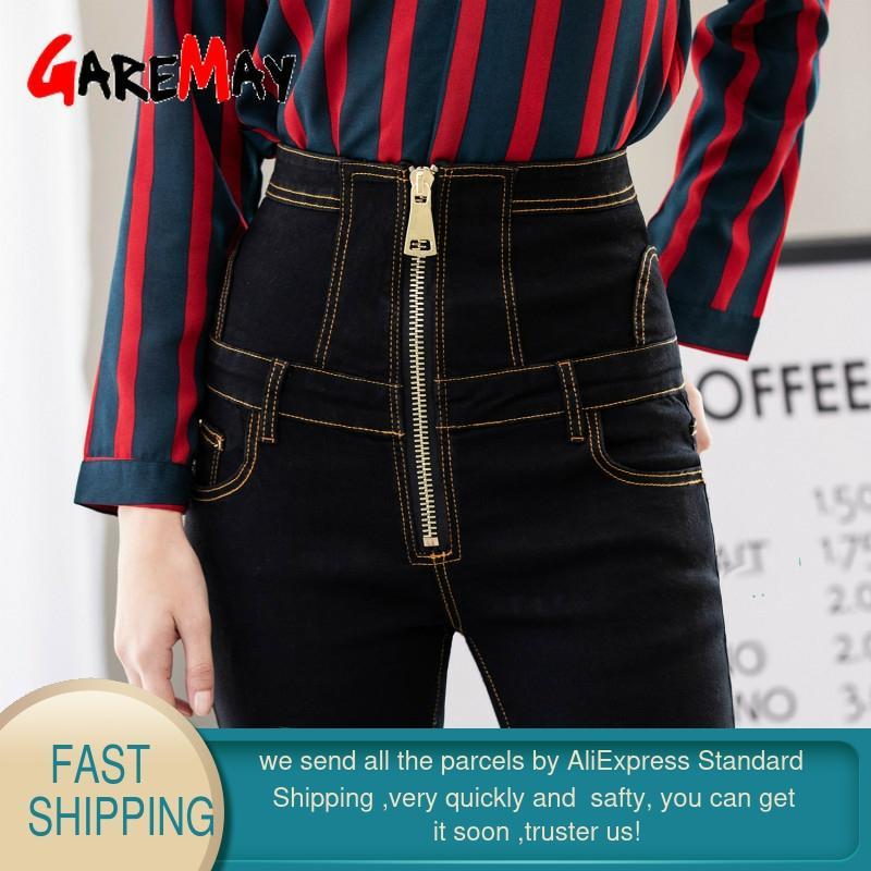 Women's Jeans with Zipper High Waist Stretch Pants Skinny Warm Velvet Winter Ladies Trousers Female Slim Fit Mom Plus Size 210428