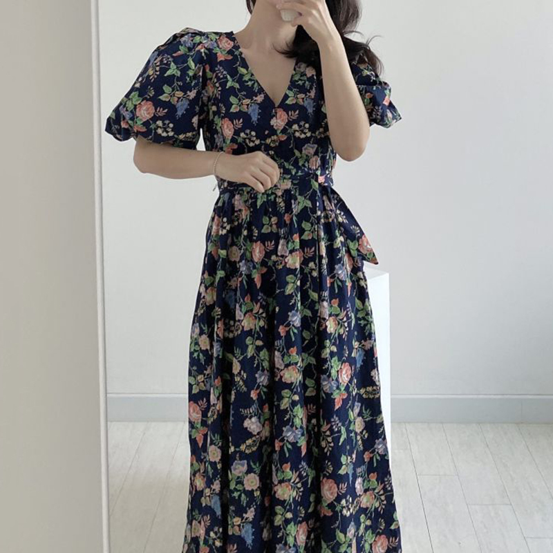 Nomikuma Korean Floral Dresses for Women Elegant Bandage Slim Waist Dress Puff Short Sleeve V-neck A-line Vestidos Femme 6H450 210427