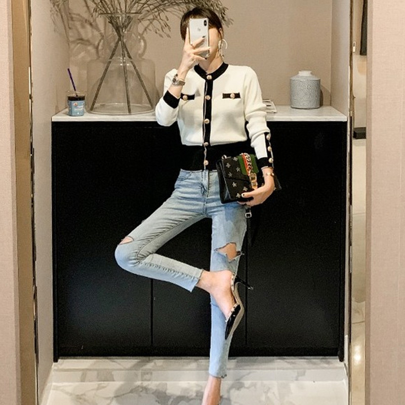 Fashion Vintage Skinny Blue Cotton Korean Slim Cool Denim Trousers Hole Ripped Jeans Autumn High Waist Woman 10416 210518