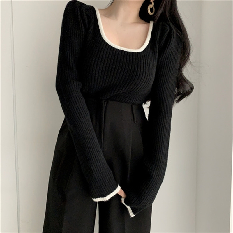 Korean Puff Sleeve Knitted Short Pullover Top Women Square Collar Long Vintage Sexy Sweater Fashion Ladies Elegant Jumper 210514