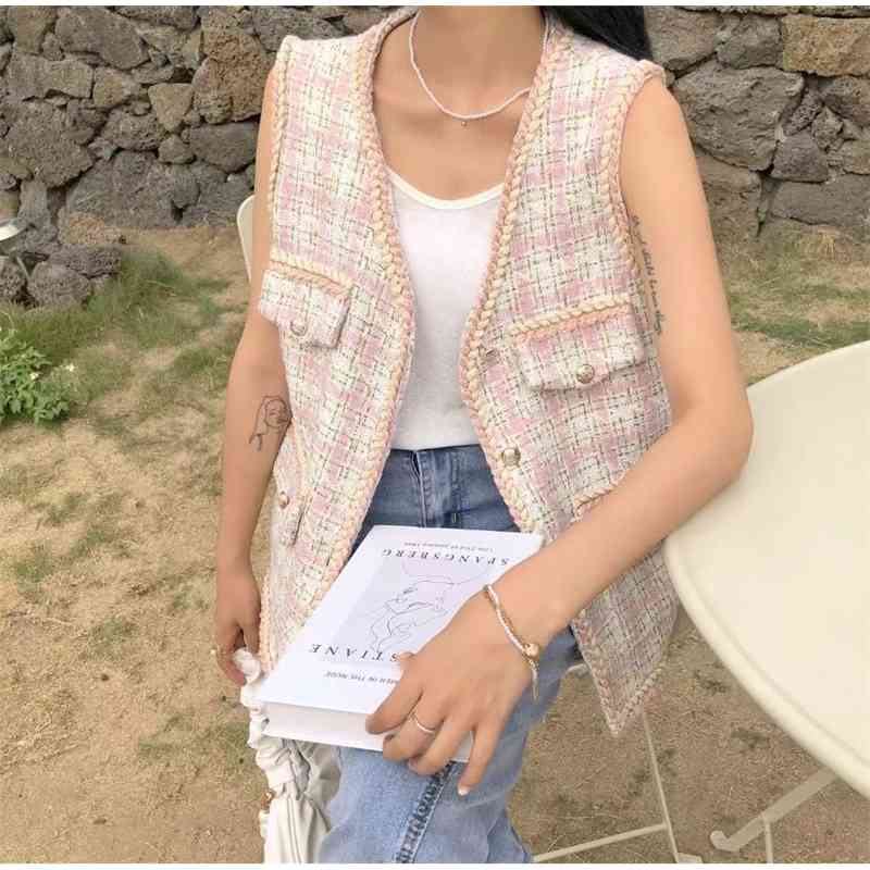 Women's Fashion Elegant Tweed Woolen Vest Ladies Korea Chic Style Buttons Pockets Casual Plaid Coat For Women 210520