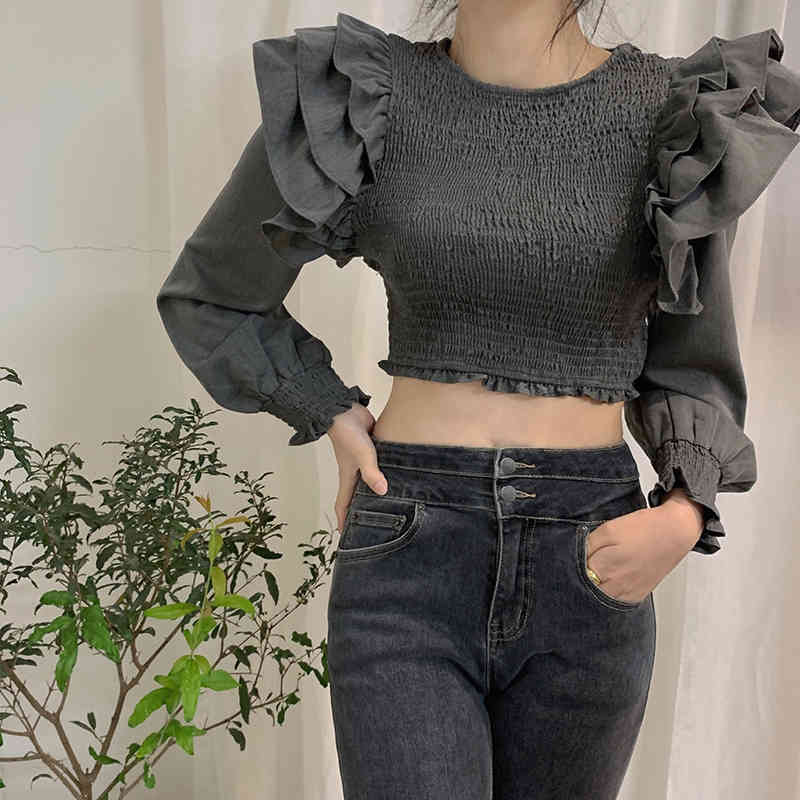 Nomikuma Korean Ruffle Patchwork Long Sleeve Blouse Stretch Slim Short Women Shirt New Causal O-neck Femme Blusa Top 6E710 210427