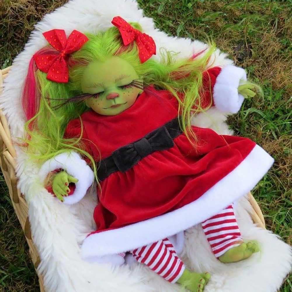 Reborn Baby Grinch Doll Realistic Cartoon Plush Toy for Kids Halloween Christmas Gifts 2024 Red Luminous Nylon