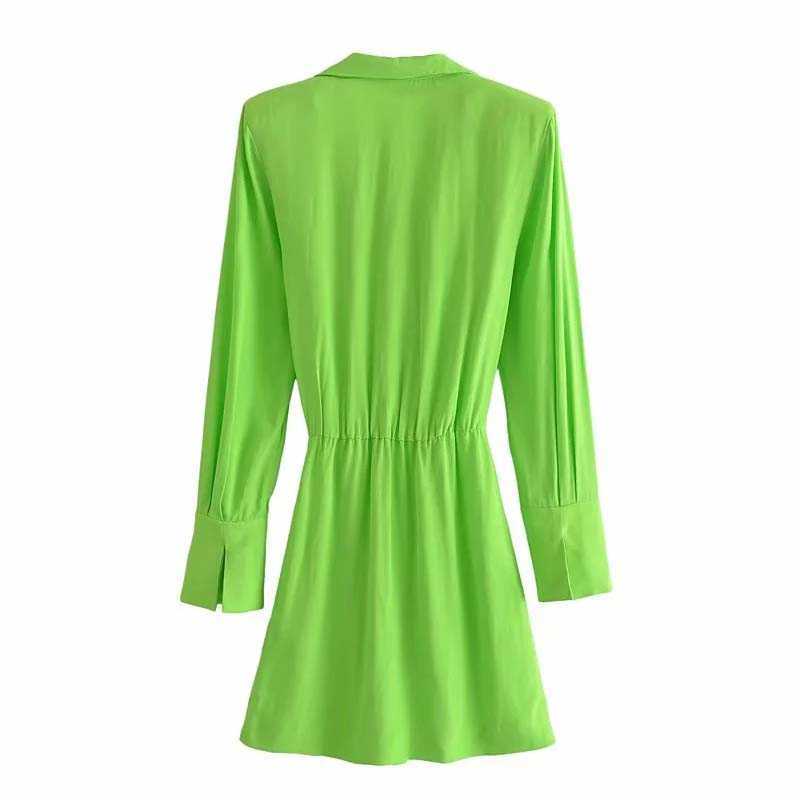 Summer Shirt Dress Women 2021 Green Long Sleeve Shoulder Pad Slim Fashion Dress Chic Button Pleated Mini Shirt Dress Q0707