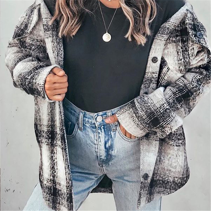 Women Casual Plaid Blue bsk Cotton Long Jacket Female Spring Fashion Single Breasted Loose Shirt Outwear Double Pocket 210421