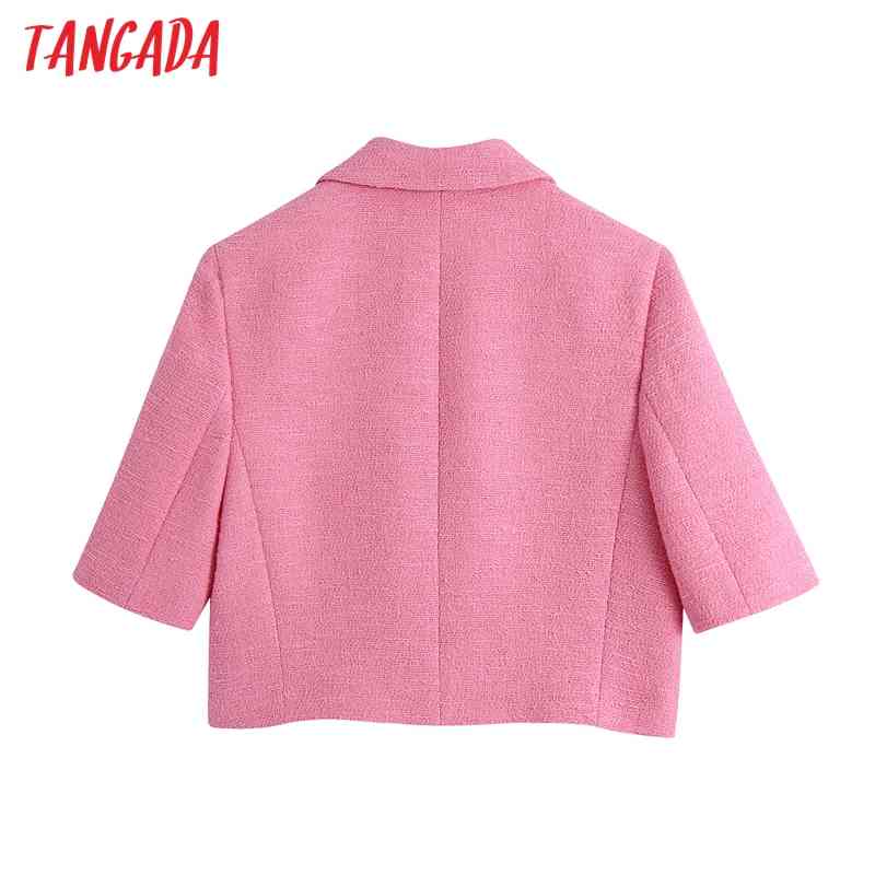 Women Pink Tweed Blazers Coat Vintage Notched Collar Short Sleeve Fashion Female Outerwear Chic Tops BE519 210416