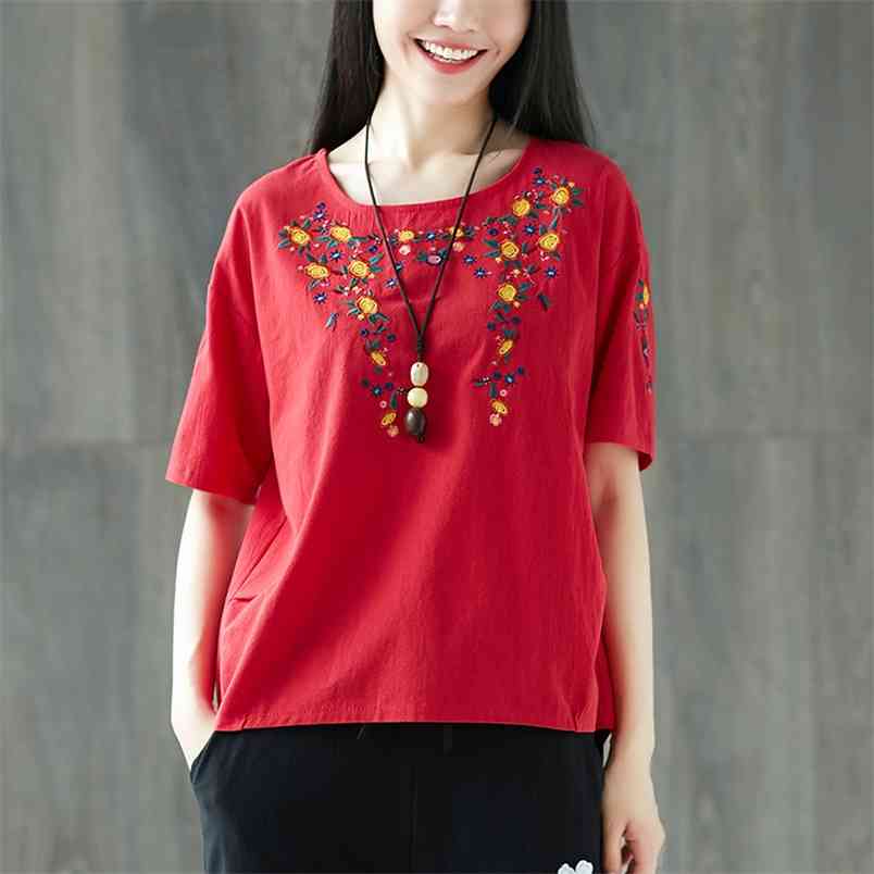 Summer Style Women Tshirt Plus Size Short Sleeve Loose O-neck Tops Cotton Linen flower Embroidery Vintage Tee Shirt CYK2 210512