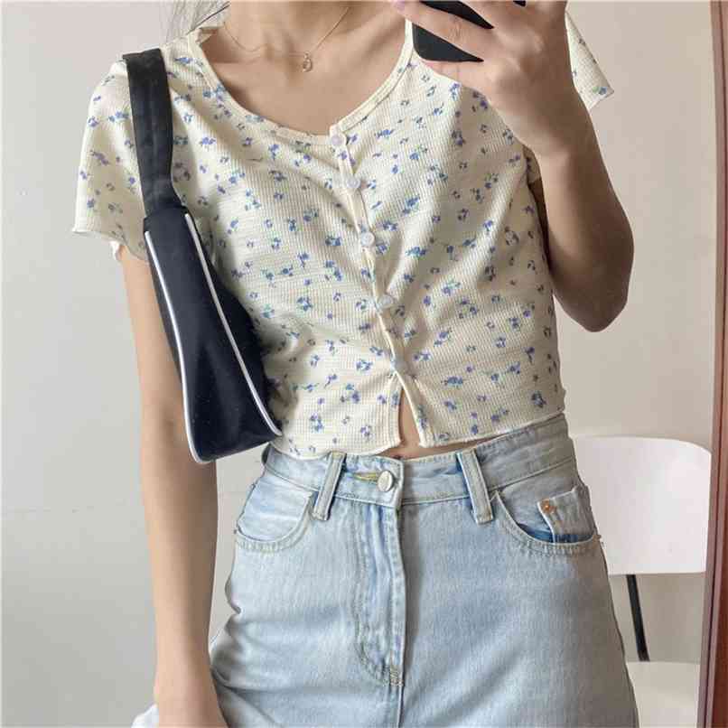 Summer Short Sleeve Shirts Women Printed Floral Cropped Tops Female Plus Size Single-Breasted Flower Street Wear Blusa 210601