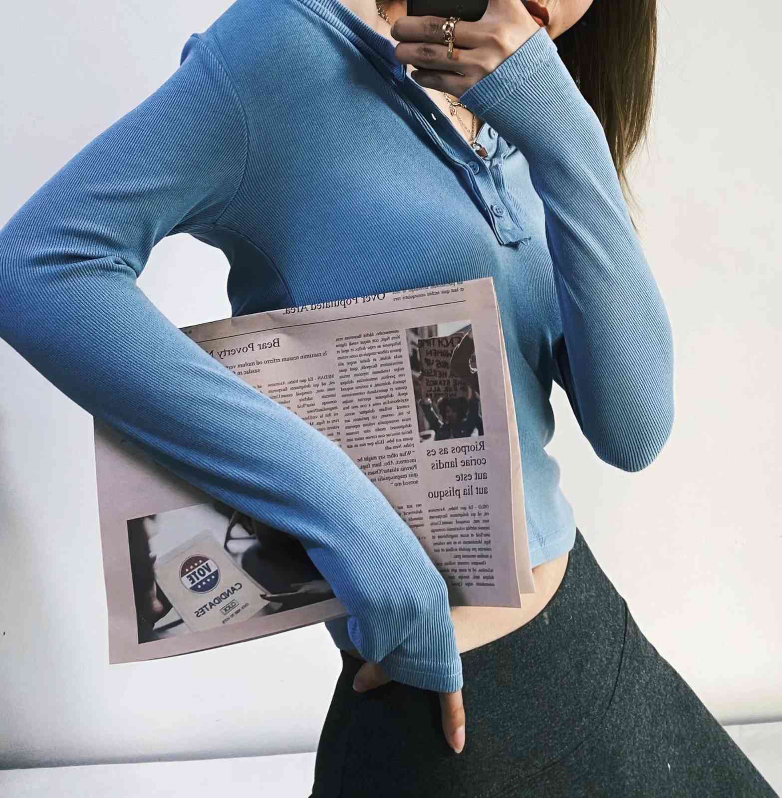 Spring ex-long Sleeve Open Button Round Collar Rib T-shirt Chic Woman Slim Fit t Basic Tee Casual Tops 4 colors 210429
