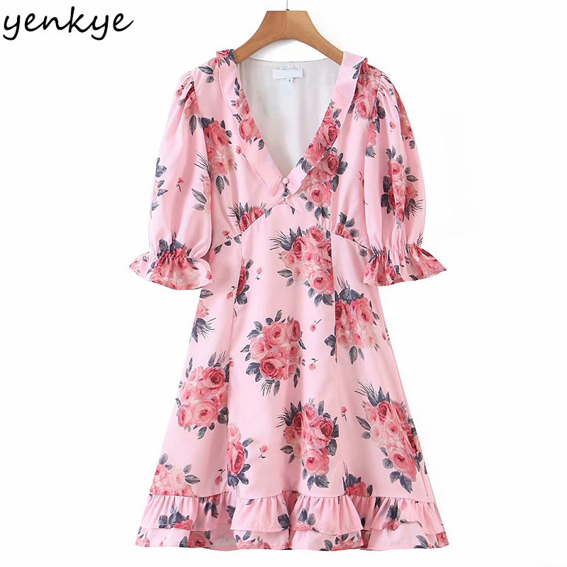 Sweet Women Floral Print Pink Holiday Summer Dress Puff Sleeve V Neck Vestido Mujer High Waist Ruffle A-line Mini 210430