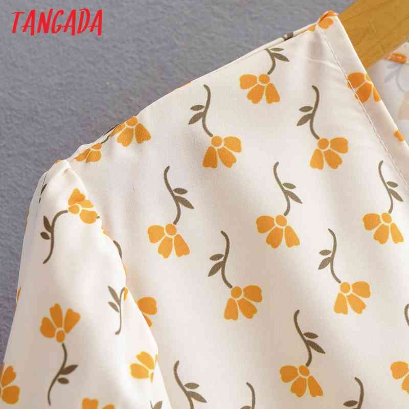 Summer Women Yellow Floral Print French Style Short Sleeve Ladies Midi Dress Vestidos 1F125 210416