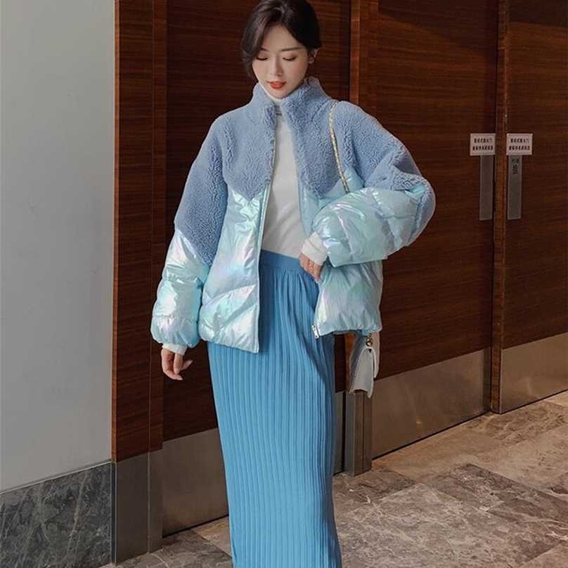 Fashion Winter lambswool Patchwork jacket women Fur splice Cotton padded coat Thcik Warm short cotton coats female Overcoat 211013