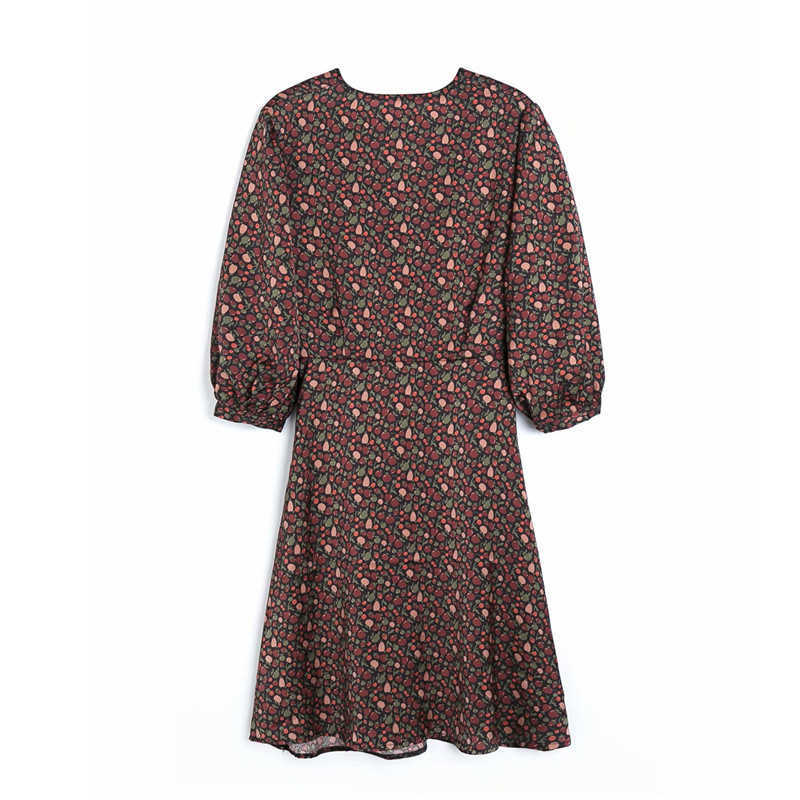 Vintage Women Elegant Geometry Print Dresses Fashion Ladies V-Neck Draped Dress Streetwear Female Chic Vestidos 210527