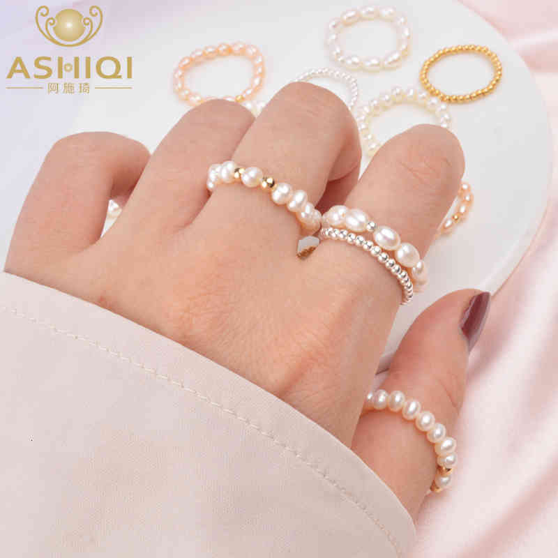 Ashiqi Small Natural Freshwater Pearl Couple Rings Real 925 Sterling Silver Jewelry for Women Wholesale Fashion Gift