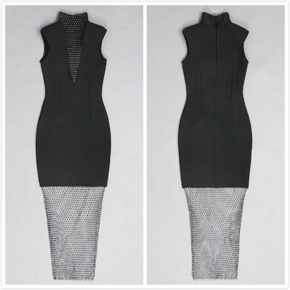 Free Sexy Sleeveless Bandage Dress Women High Neck Mesh Diamond Stitching Bodycon Nightclub Vestidos 210524