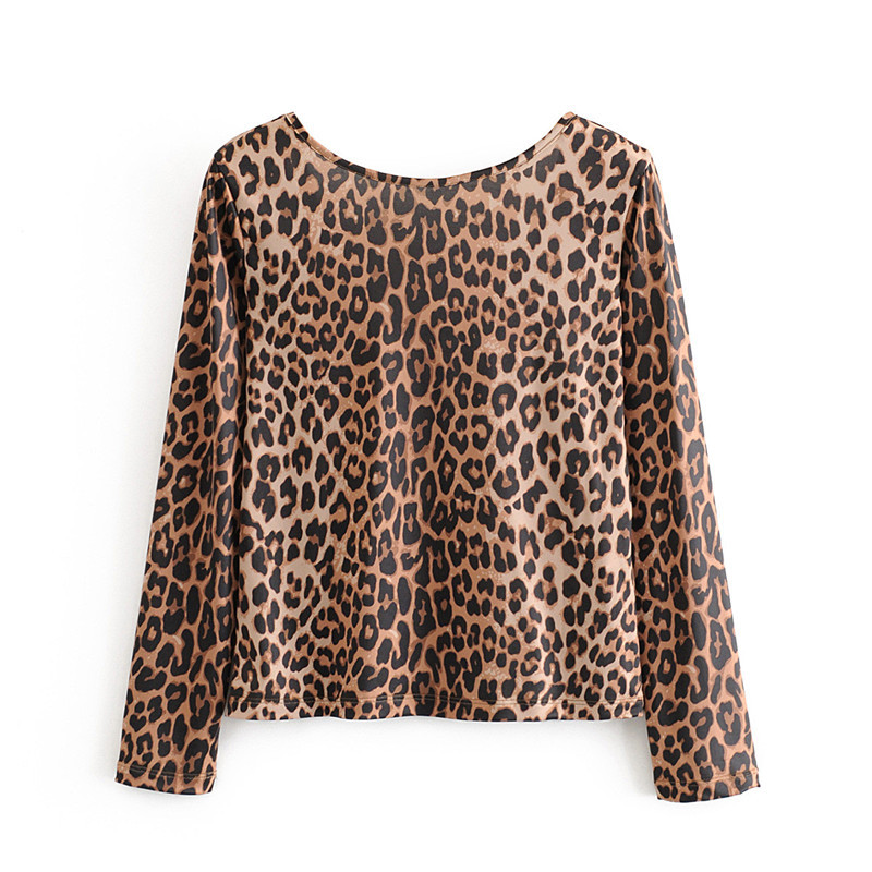 beauty Women Vintage Slim Long-sleeved Sexy Leopard Print Top Elastic Round Neck Lady Office Shirt Casual Loose 210514