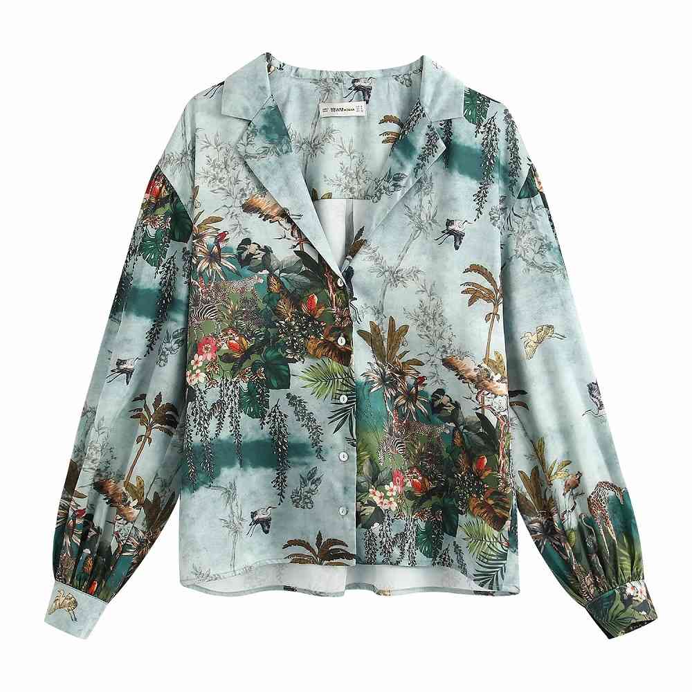 Vintage Animals Forests Print Blouse Women Fashion Turn-down Collar Shirts Elegant Ladies Chic Tops 210520