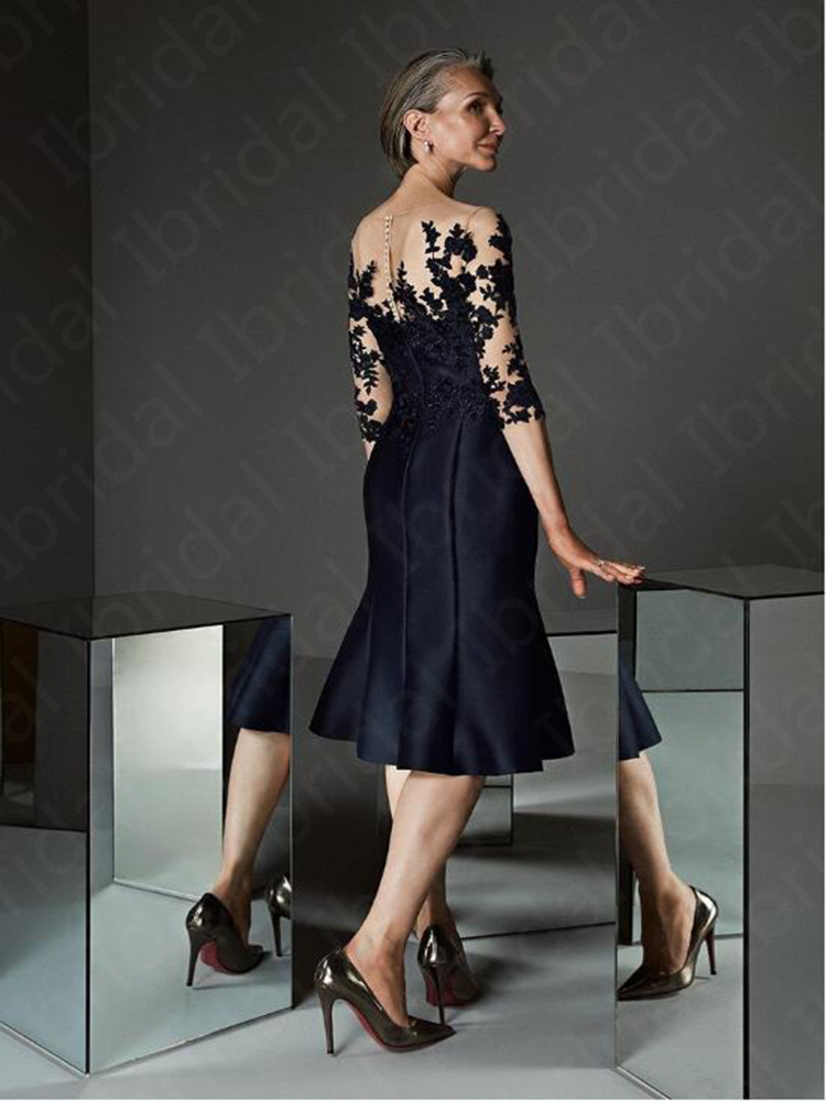 Gorgeous Black Knee Length Mother of the Bride Dresses 2024 Lace Applique Illusion Three Quarter Sleeves Wedding Guest Gowns robe de soiree