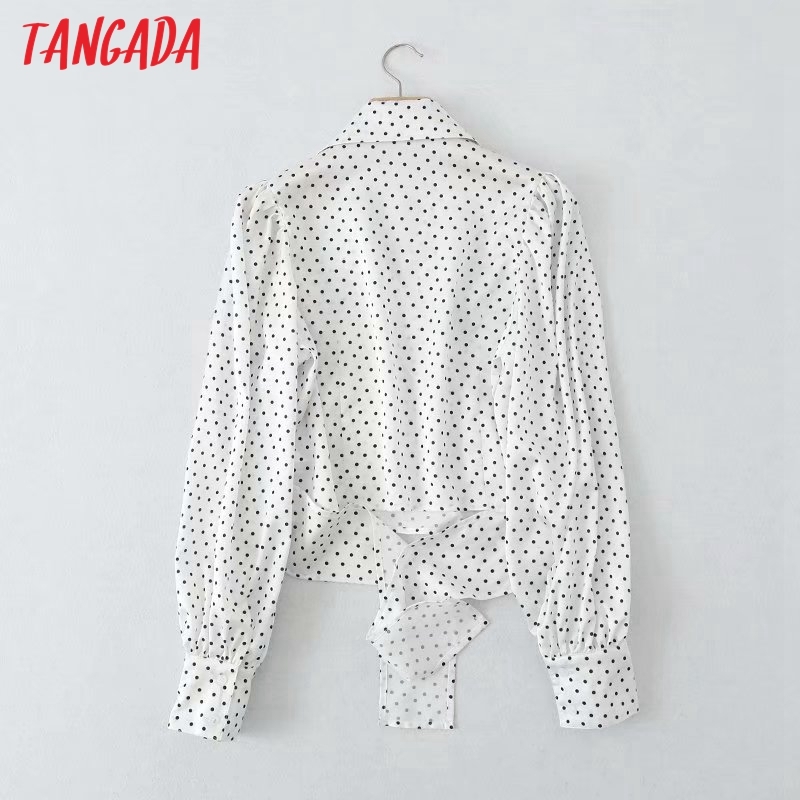 Women Retro Dots Print Chiffon Shirt Blouse Back Bow Ruffles Long Sleeve Chic Female Tops 5B10 210416