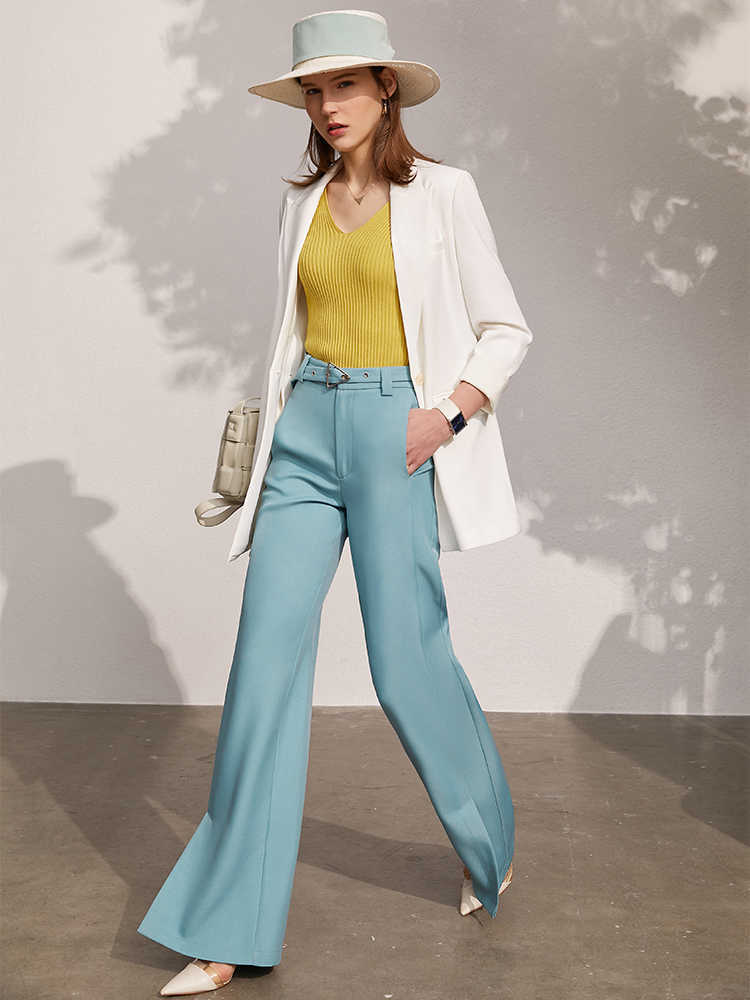 Minimalism Spring Summer Women's Pants Offical Lady Solid Belt Loose Female Chiffon Causal Women Trousers 12170111 210527