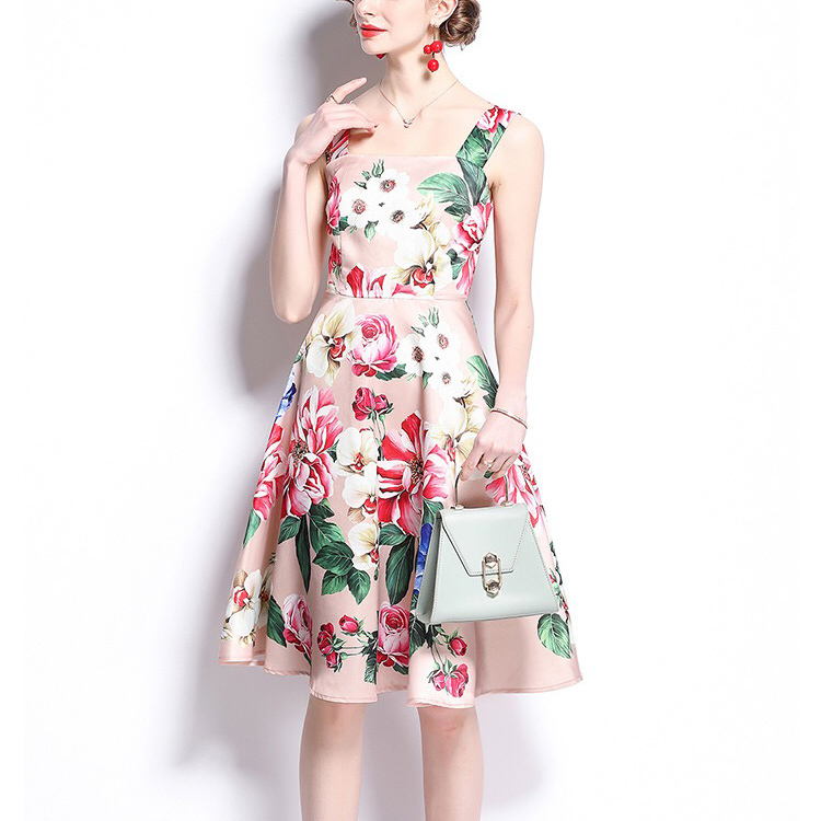 summer midi dress A-line spaghetti strap camisole pink flower dresses for women high waist party casual robe de mujer 2xl 210421