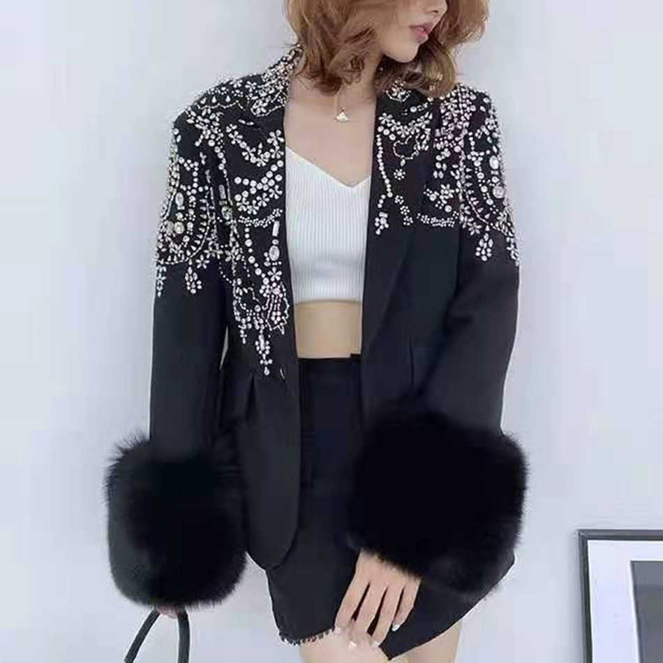 Fashion Ladies Jacket Black White Sexy V-neck Coat Diamond Decoration Removable Hair Cuff Slim 210525