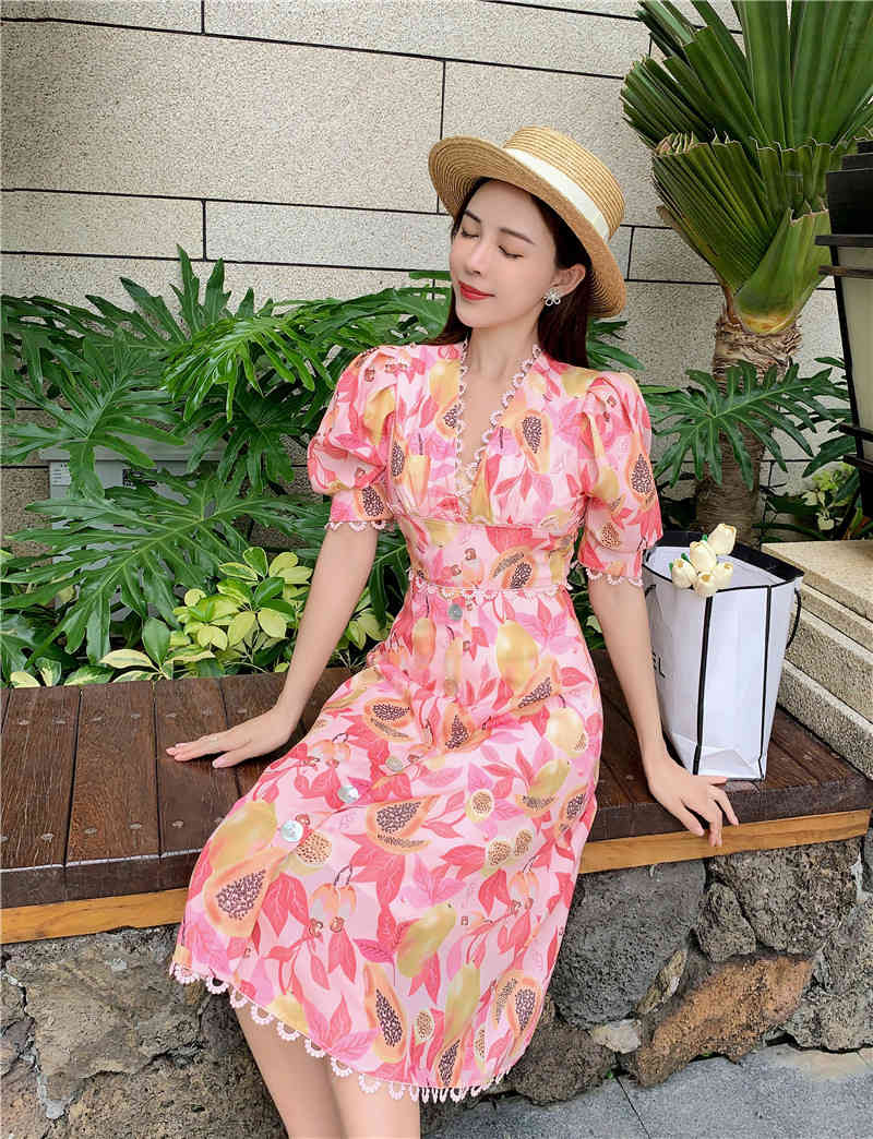 Vintage Summer Sweet Floral Printed V-Neck Single Breasted Puff Sleeve Women Female A-line High Waist Vacation Midi Dress 210519