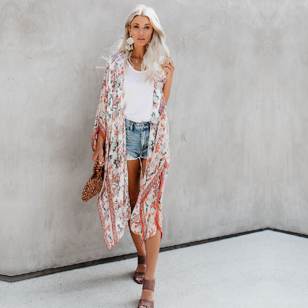 Boho Floral Print Robes Bathing Suit Cover-ups Plus Size Kimono Beach Wear Wrap Dress Women Summer Swimsuit Cover Up A829 210420
