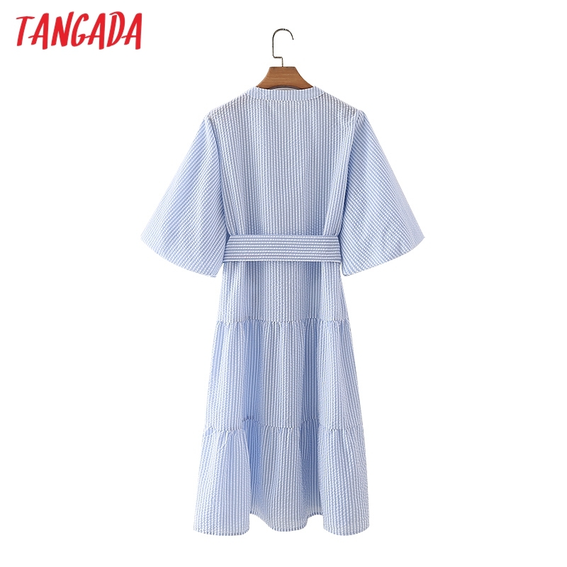 Summer Women Striped Print V Neck Puff Short Sleeve with Slash Ladies Dress Vestidos 5X51 210416