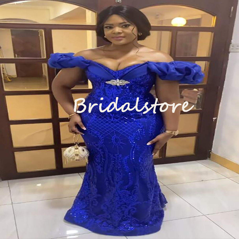 2022 Plus Size Mermaid Prom Dresses Aso Ebi Royal Blue African Evening Dress With Sequins Glitter Lace Corset econd Reception Birthday Party Engagemen