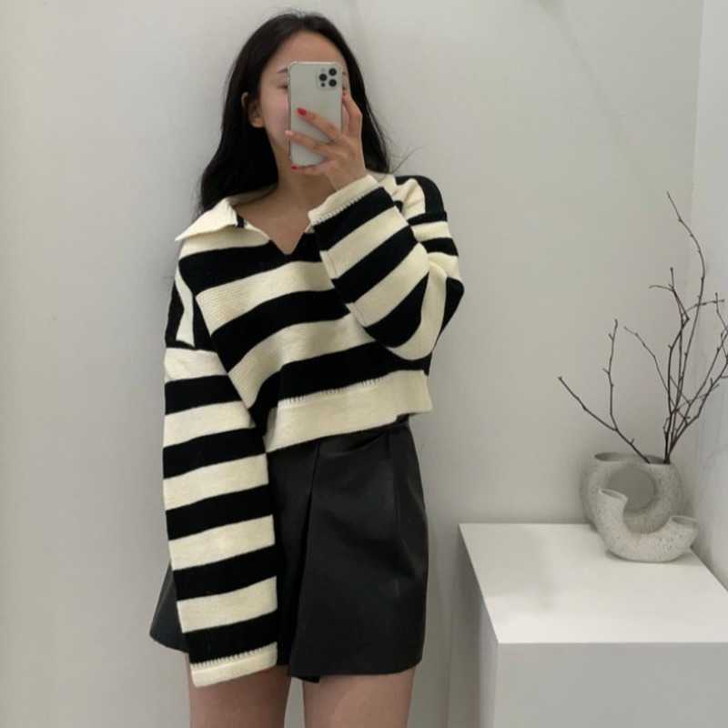 Autumn Turn Down Collar Long Sleeve Knitted Sweater Chic Hit Color Stripe Loose Pullover Tops Korean Fashion Woman Sweaters 211018
