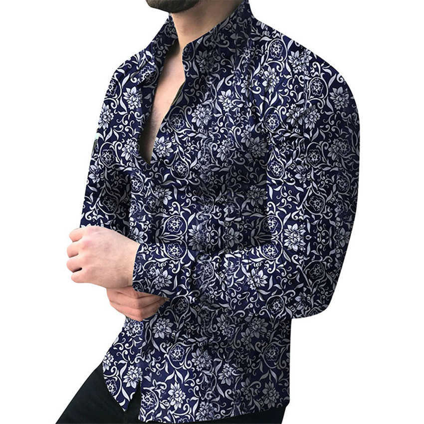 Men's Floral Casual Shirts Printing Breathable Slim Fit Clothing Long Sleeve High Quality Camisa Masculina Beach Shirt 210721