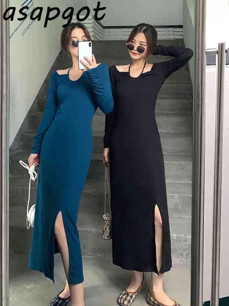 Vintage Halter Off The Shoulder Knitted Dress Long A Line Sleeve Split Sweater Lady Temperament Fashion Solid Chic 210429