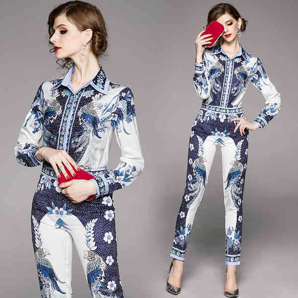 Fashion Spring Women 2 Piece Set Lantern Sleeve Turn Down Collar Flower Print Belt Shirt Top+Pencil Pants Set 210518