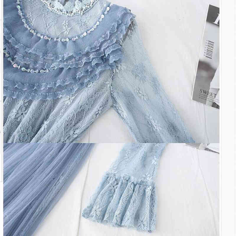High Quality Lace Dress Women Spring Summer Sweet Ruffles Pleated Dress Elegant Lady Mesh Party Dress Mid-calf Vestidos 210521