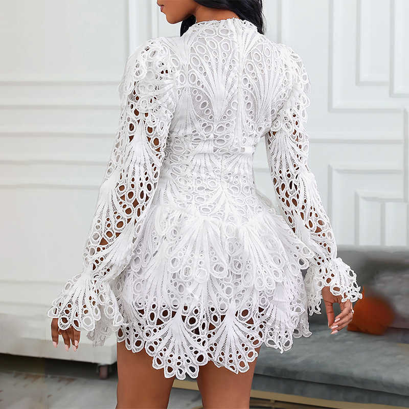 Fashion Clubwear Women Sexy Lace Mini Dress Female Mini Crochet Hollow-out Flare Sleeve Lady Party Dress 210716