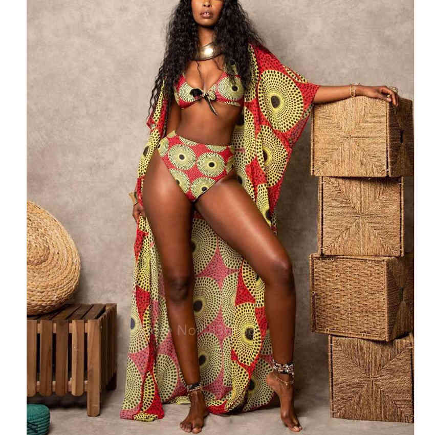 Fashion African Clothes Women Dahsiki Summer 3Pcs Bikini Suit Robe Africaine African Dresses Ethnic Ladies Swimsuit Clothing 210408