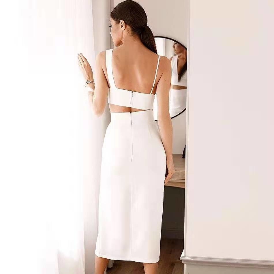 Summer Women'S Bandage Two-Piece Sexy V-Neck Halter Top With Split Skirt Party Suit 210525