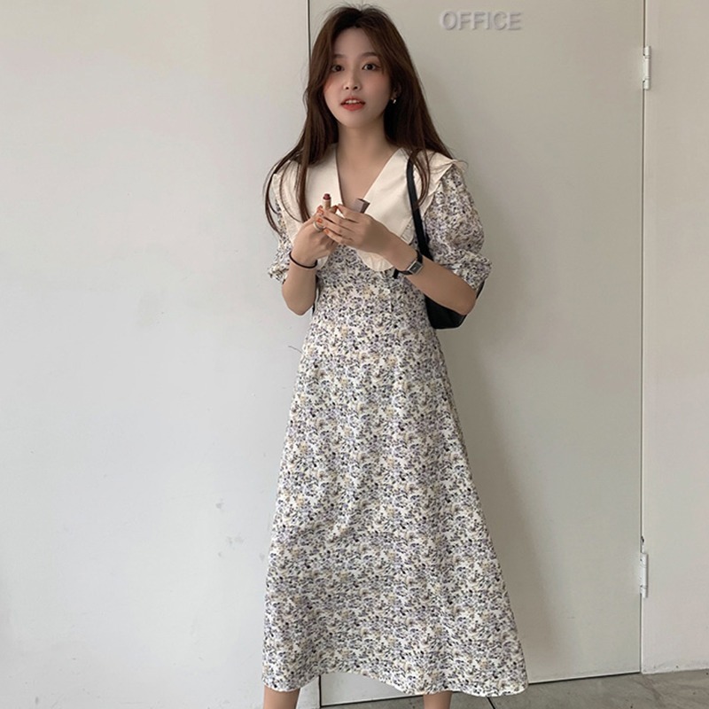 Women Summer Elegant Floral Dress Korea Fashion Peter Pan Collar A-line Casual Sashes Sundress 210519