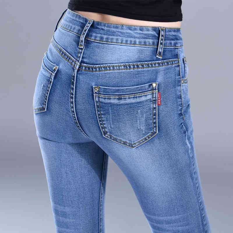 Woman Skinny Denim High Waist Trousers Black Blue Stretch Plus Size Washed Jeans Fashion Elastic Pencil Female 10859 210518