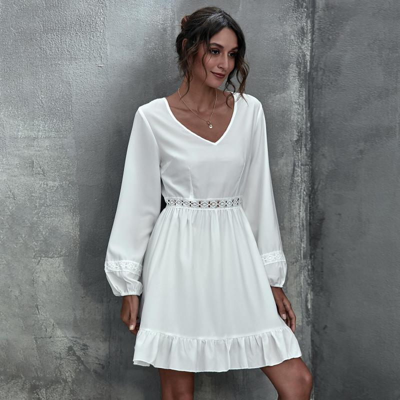 Women Dress V Neck Long Sleeve White es Hollow Out High Waisted Ruffles Mini Temperament Ladies es 210513