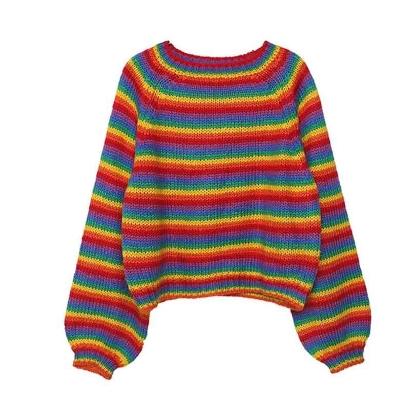 Korean Rainbow Knitted Sweater Women Runway Jumpers Loose Women's Clothes Autumn Plus Size Casual female Top Pullovers 210914