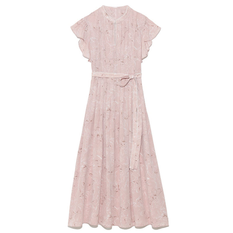 Summer Pleated Drawstring High Waist Dresses Elegant Stand Collar Flying Sleeve Woman Dress Chic Print Slim Vestidos 210524