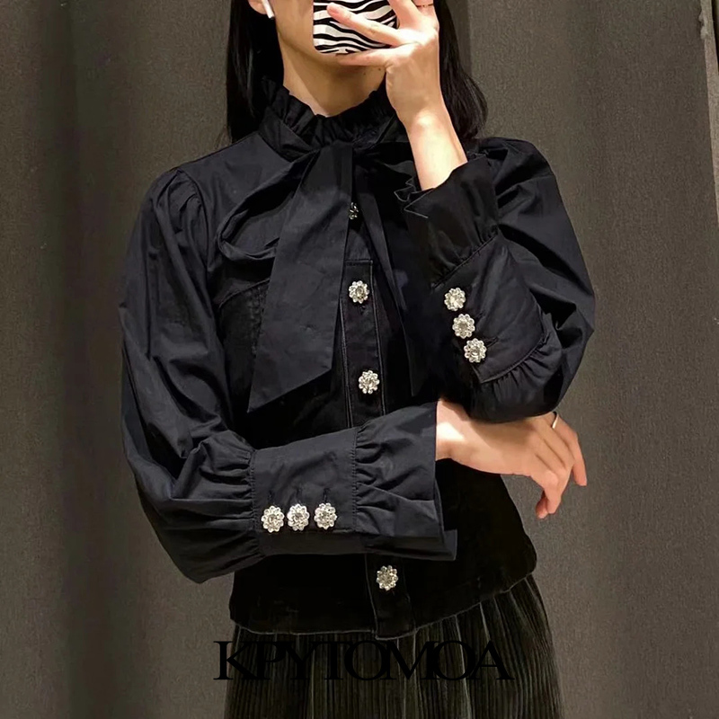 Women Fashion With Bow Tie Patchwork Denim Cropped Blouses Long Sleeve Button-up Female Shirts Chic Tops 210420