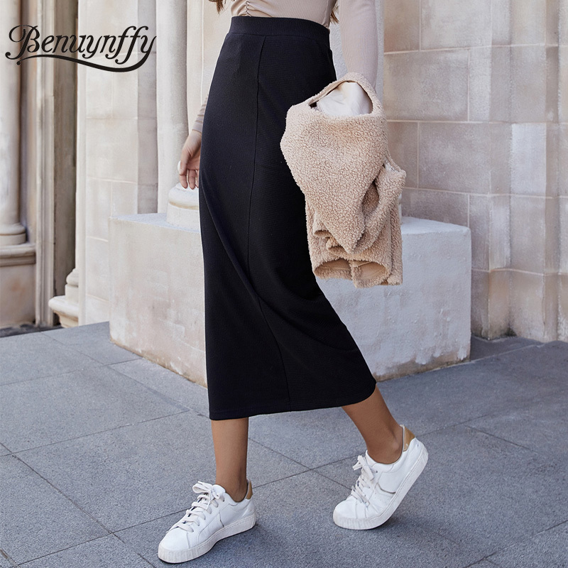 Elegant Knitted Women Black Long Skirts Autumn Winter Fashion Streetwear Ladies High Waist Slim Fit Casual 210510