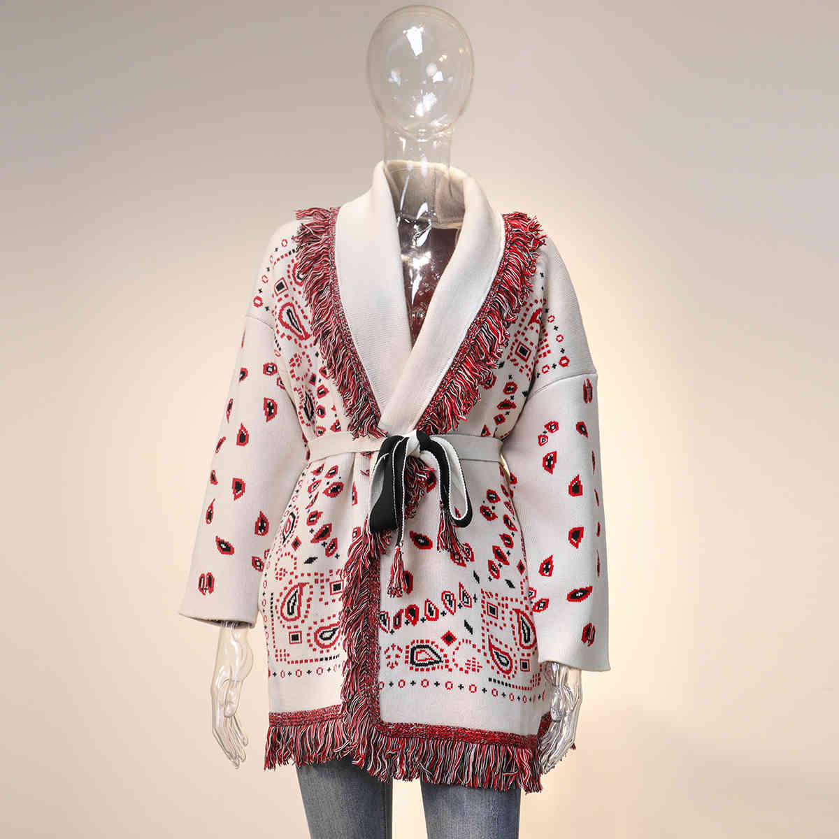 Jastie Cashmere Bandana Motif Fringed Cardigan Women V-Neck Tie Waist Long Sleeve Winter Sweater Knitwear Warm Thick Overcoat 210419