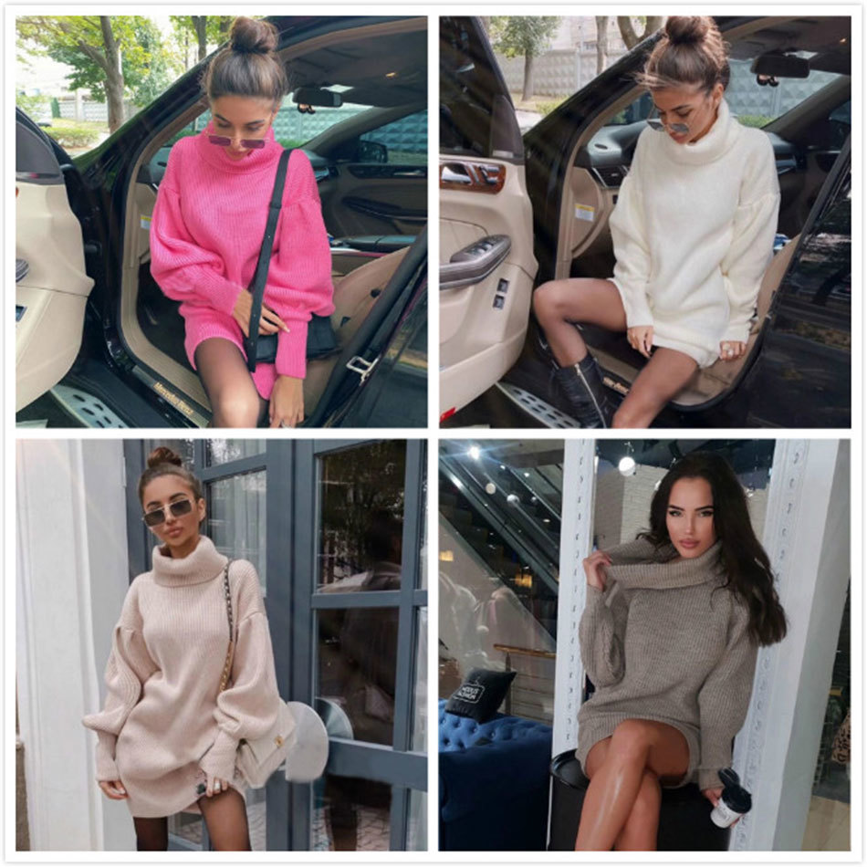 Free Autumn Elegant Loose Sweater Dress Women High Neck Lantern Sleeve Mini Club Party es Vestidos 210524