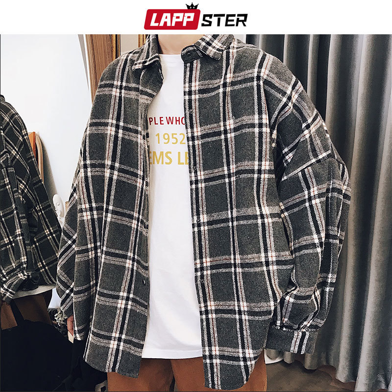 LAPPSTER Men Harajuku Color Block Plaid Shirt Mens Streetwear Thick Shirts Long Sleeve Male Vintage Korean Fashions Clothes 210410